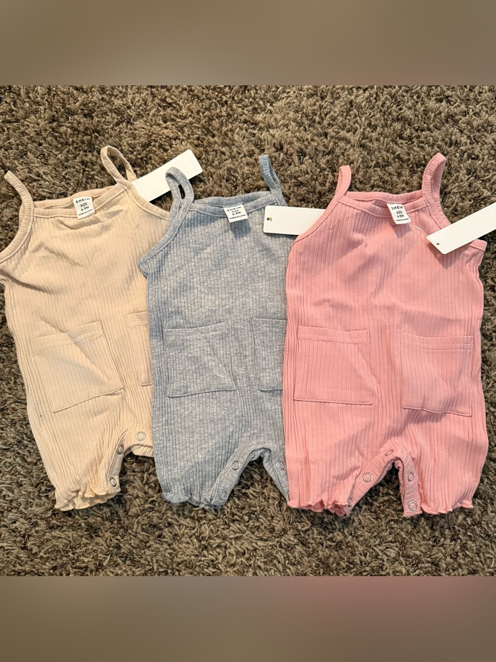 SHEIN Kids Ribbed Pocket Rompers - Pink, Gray, Cream Size 6-9 Months